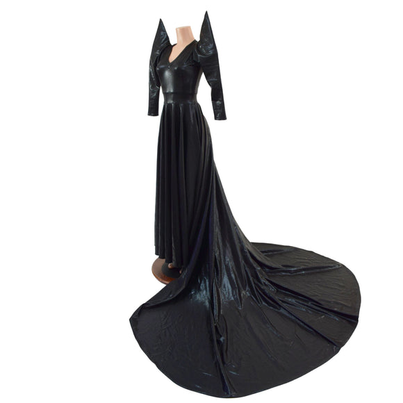 Glinda Gown in Black Mystique with 3/4 Mega Sharp Shoulder Sleeves - Coquetry Clothing