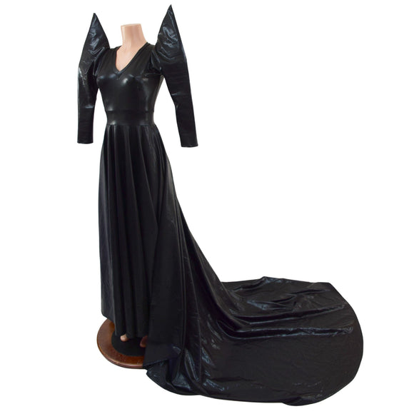 Glinda Gown in Black Mystique with 3/4 Mega Sharp Shoulder Sleeves - Coquetry Clothing