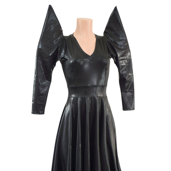 Glinda Gown in Black Mystique with 3/4 Mega Sharp Shoulder Sleeves - Coquetry Clothing