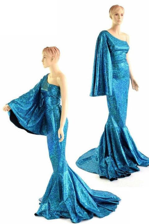 "Sea Goddess" One Shoulder Turquoise Puddle Train Gown - Coquetry Clothing