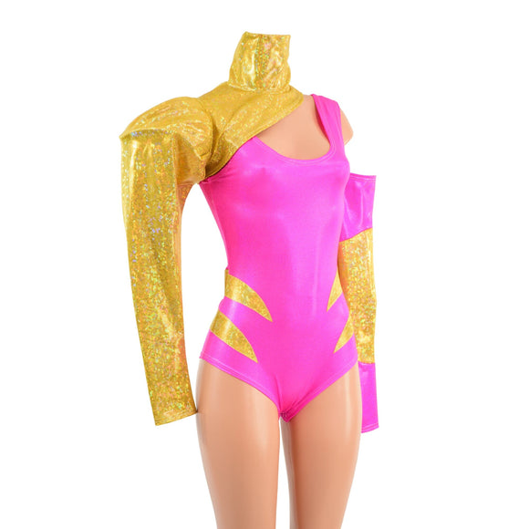 Gold and Pink 3pc Chromatic Romper, Sleeve and Bolero Set - Coquetry Clothing