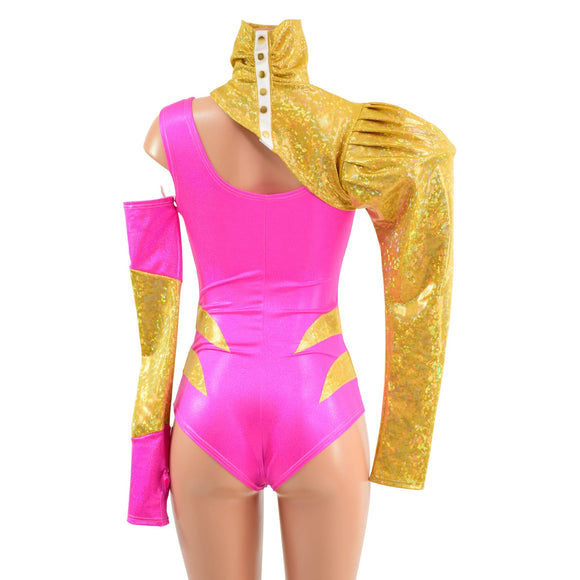 Gold and Pink 3pc Chromatic Romper, Sleeve and Bolero Set - Coquetry Clothing