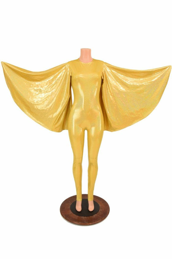 Gold Catsuit with Fan Sleeve Wings - Coquetry Clothing