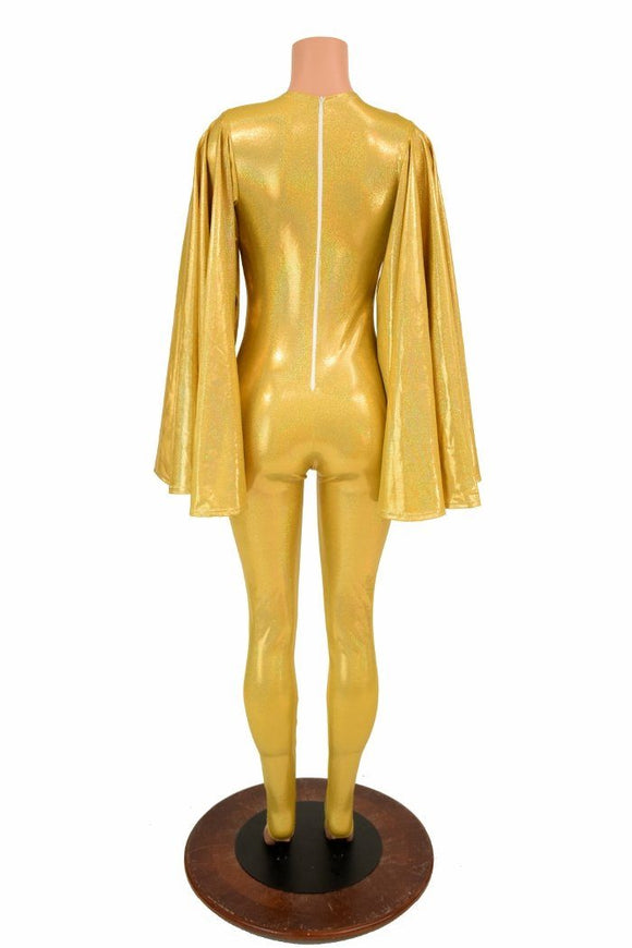 Gold Catsuit with Fan Sleeve Wings - Coquetry Clothing