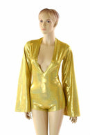 Gold Plunging V Bell Sleeve Romper with Boy Cut Leg - Coquetry Clothing