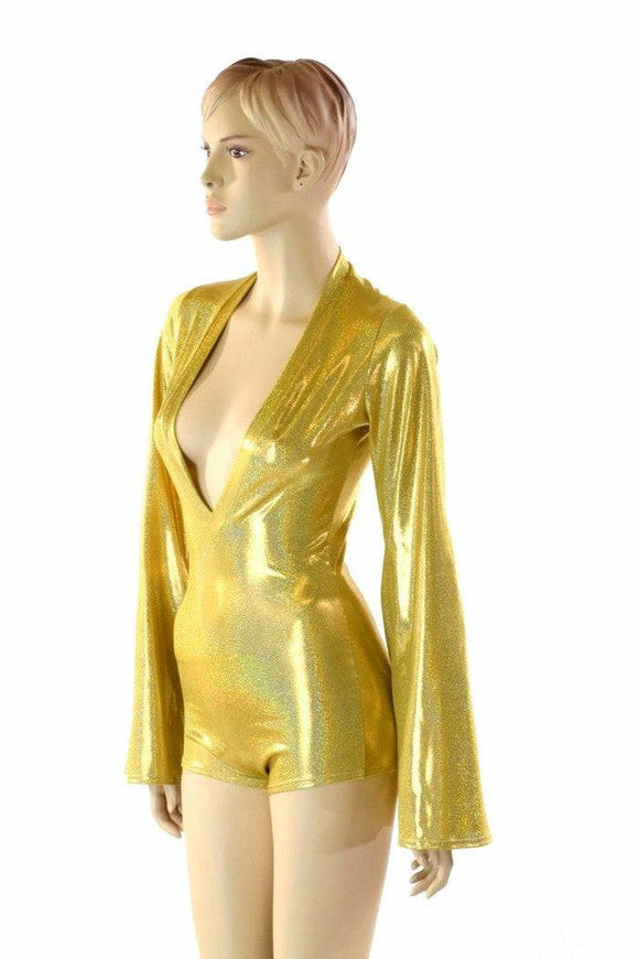 Gold Plunging V Bell Sleeve Romper with Boy Cut Leg - Coquetry Clothing
