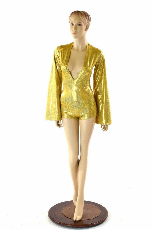 Gold Plunging V Bell Sleeve Romper with Boy Cut Leg - Coquetry Clothing