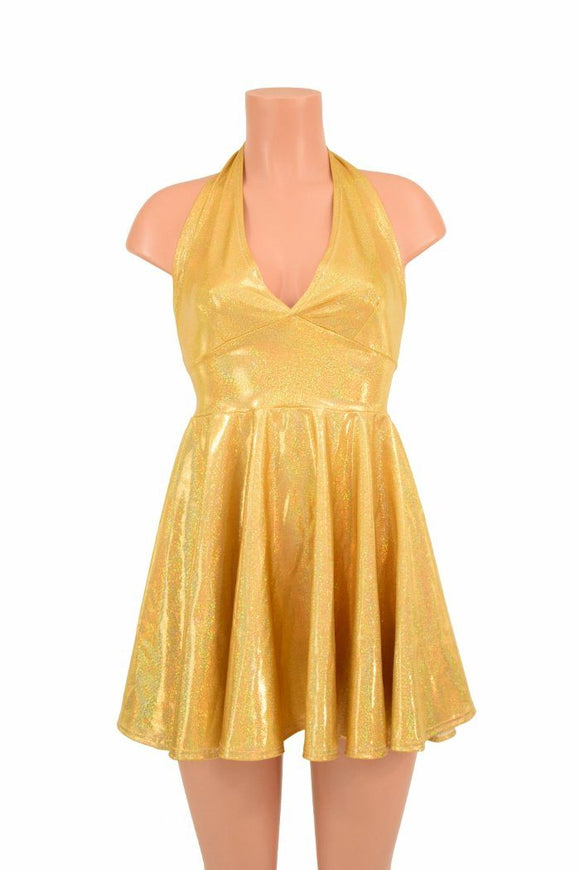 Gold Sparkly Halter Skater Dress - Coquetry Clothing