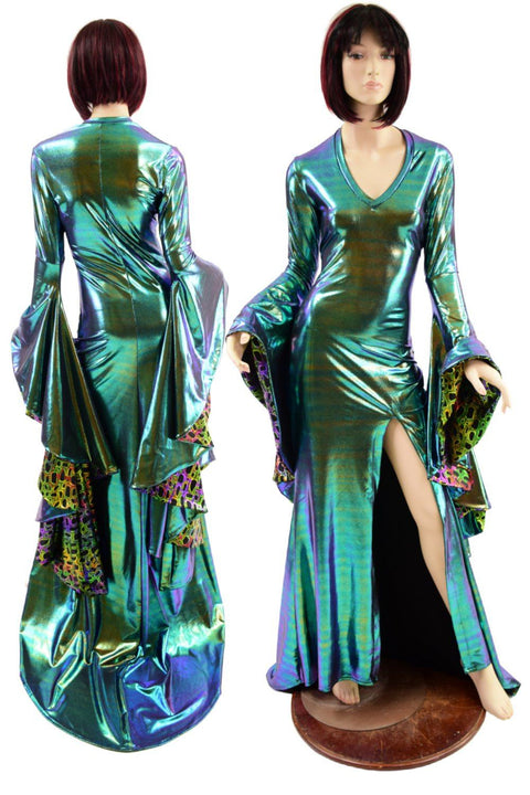 Scarab Holographic Long Slit Gown with Sorceress Sleeves - Coquetry Clothing