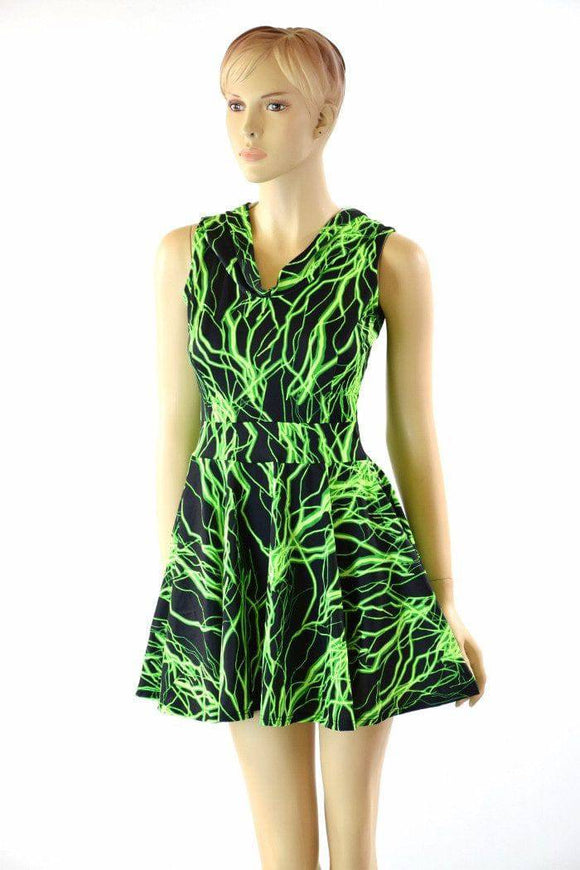 Green Lightning Pocket Hoodie Skater Dress - Coquetry Clothing