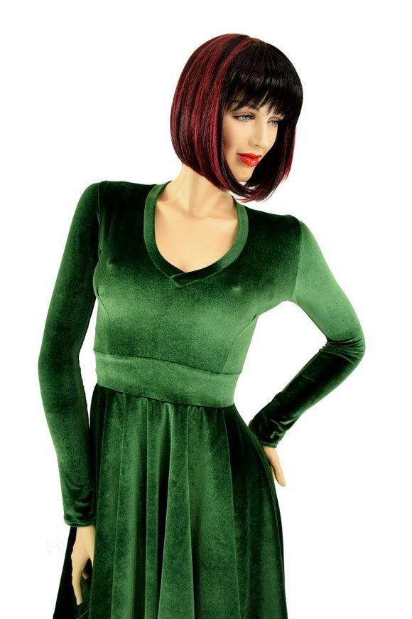 Green Velvet Hi Lo Skater Dress - Coquetry Clothing