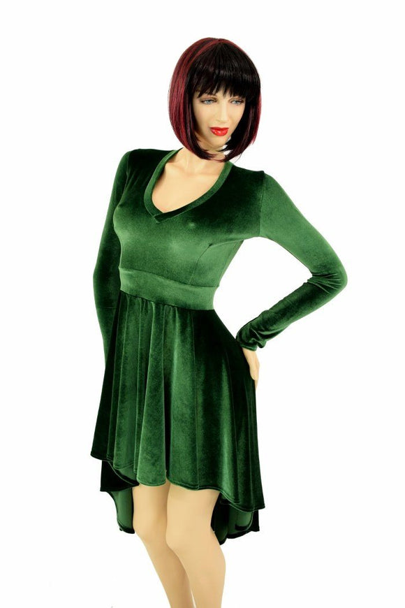 Green Velvet Hi Lo Skater Dress - Coquetry Clothing
