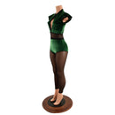 Green Velvet Keyhole & Mesh Catsuit with Mesh Legs - Coquetry Clothing