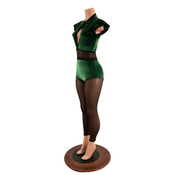 Green Velvet Keyhole & Mesh Catsuit with Mesh Legs - Coquetry Clothing