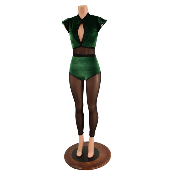 Green Velvet Keyhole & Mesh Catsuit with Mesh Legs - 2