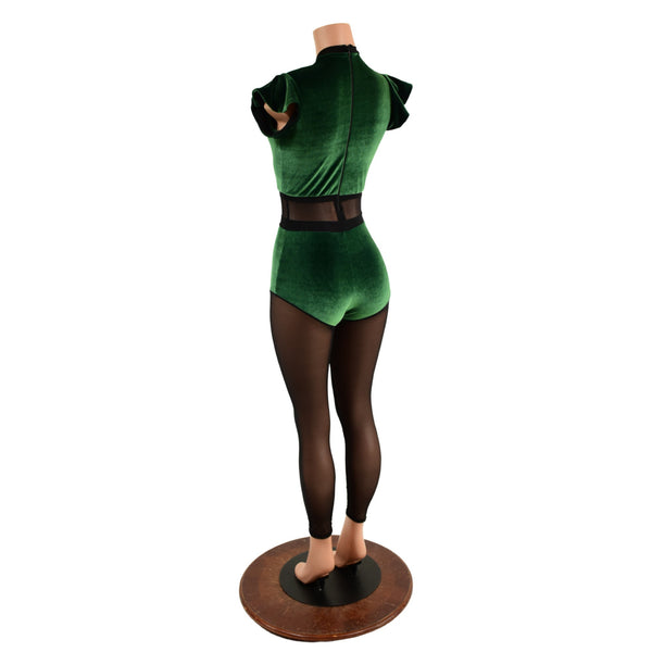 Green Velvet Keyhole & Mesh Catsuit with Mesh Legs - 4