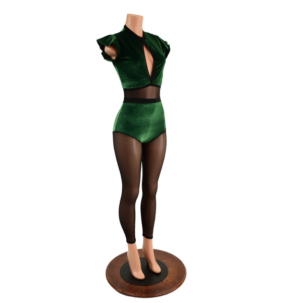Green Velvet Keyhole & Mesh Catsuit with Mesh Legs - 6