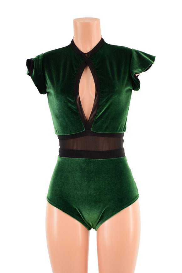 Green Velvet Keyhole & Mesh Romper - Coquetry Clothing