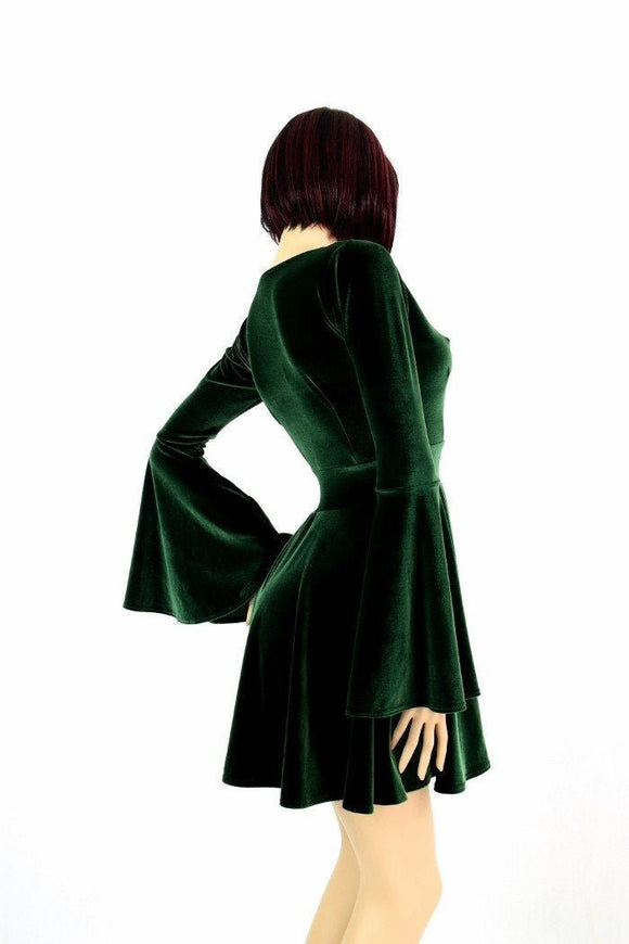 Green Velvet Trumpet Sleeve Skater Dress - Coquetry Clothing