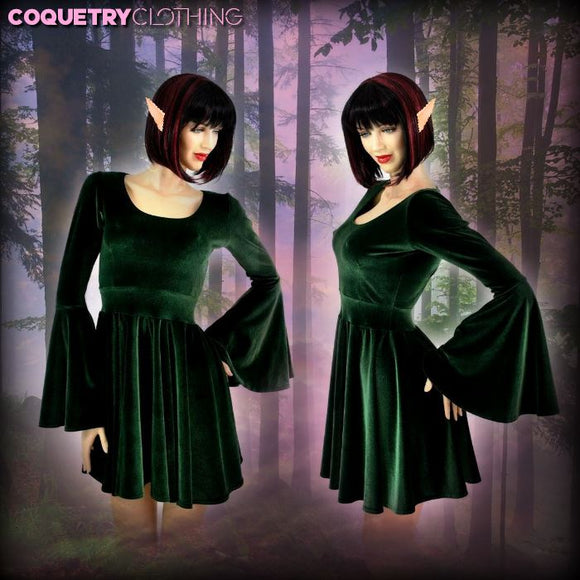 Green Velvet Trumpet Sleeve Skater Dress - Coquetry Clothing