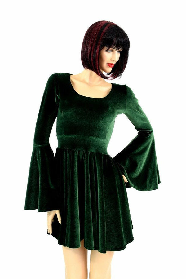 Green Velvet Trumpet Sleeve Skater Dress - 2