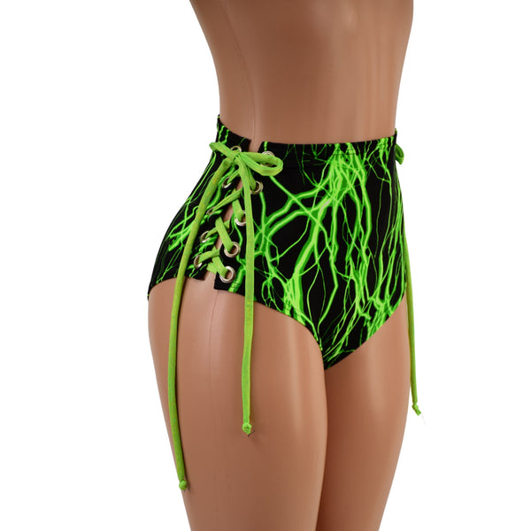 Neon Green Lightning Lace Up Siren Shorts - 4