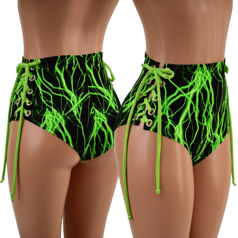 Neon Green Lightning Lace Up Siren Shorts - Coquetry Clothing