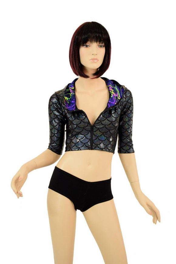 Half Sleeve Dragon Zipper Front Crop Top - Coquetry Clothing