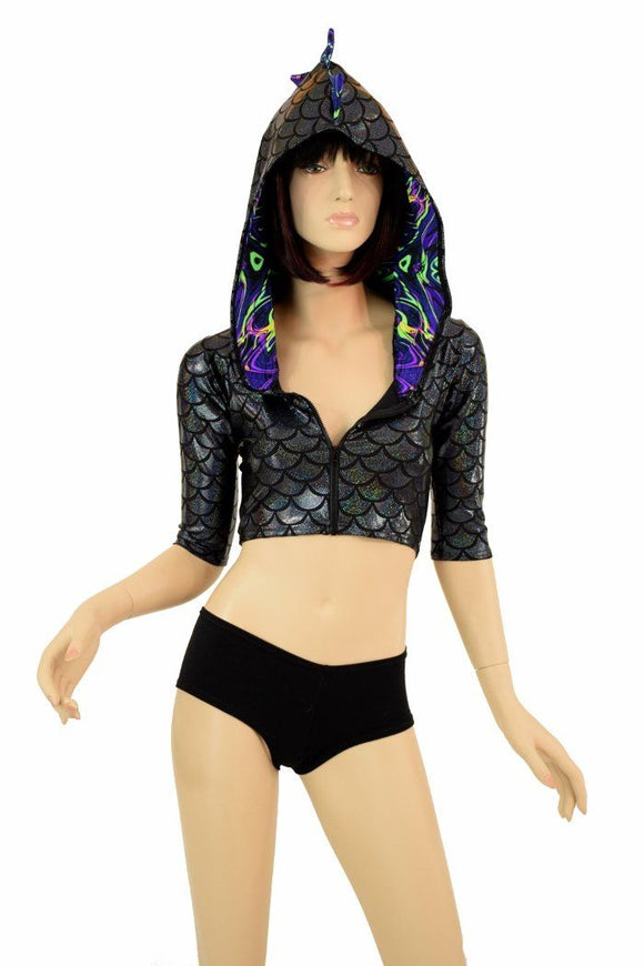 Half Sleeve Dragon Zipper Front Crop Top - Coquetry Clothing