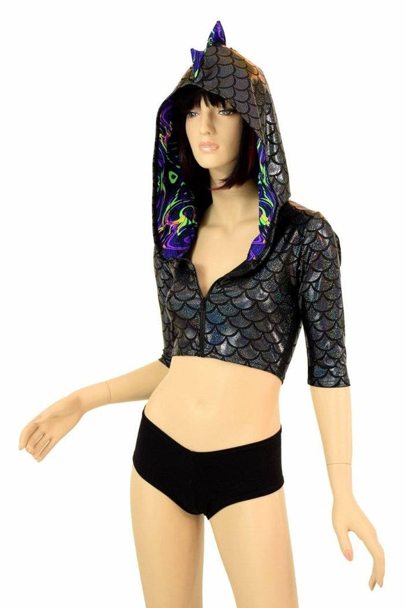 Half Sleeve Dragon Zipper Front Crop Top - Coquetry Clothing