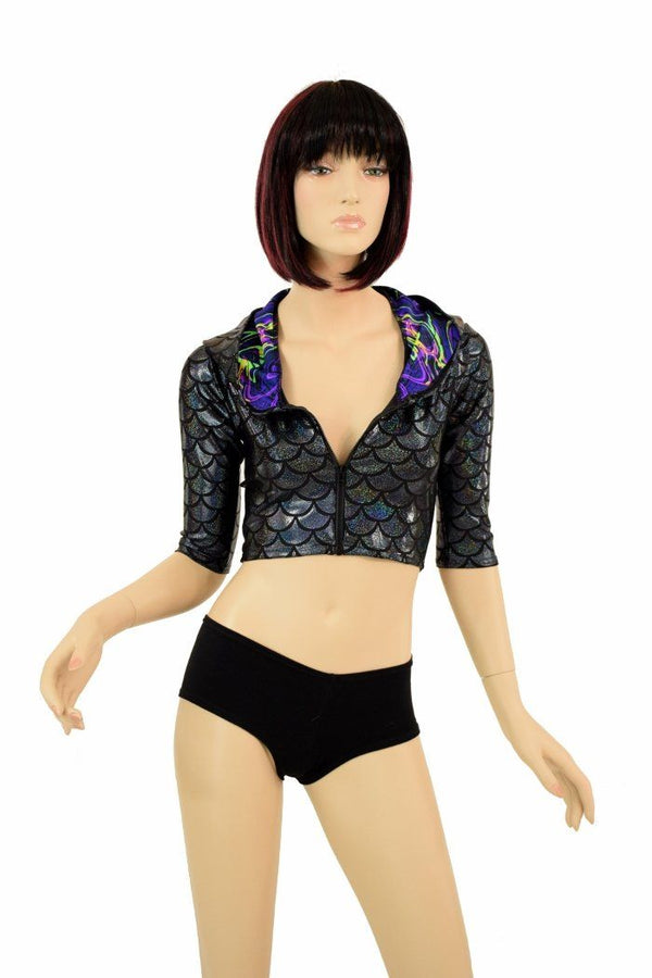 Half Sleeve Dragon Zipper Front Crop Top - 8