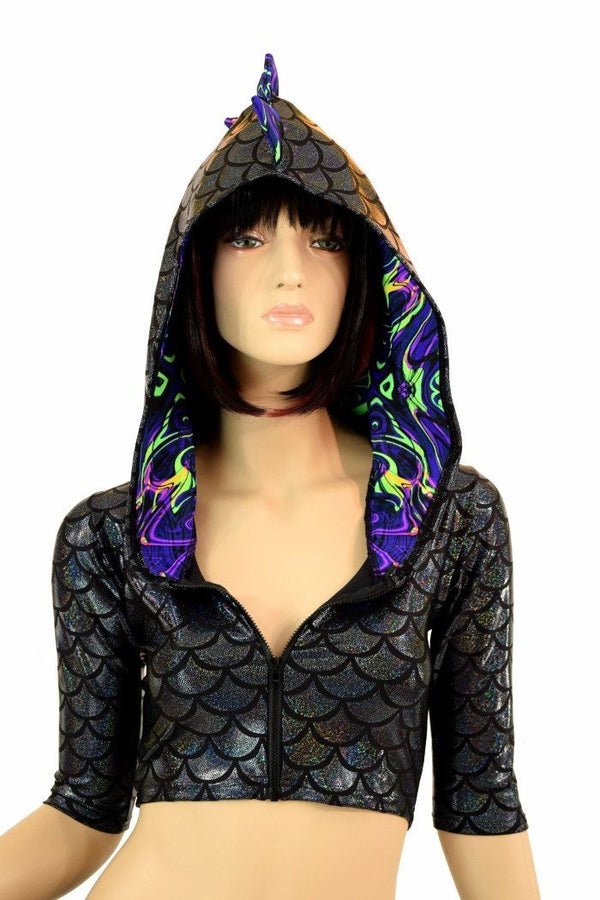 Half Sleeve Dragon Zipper Front Crop Top - 3