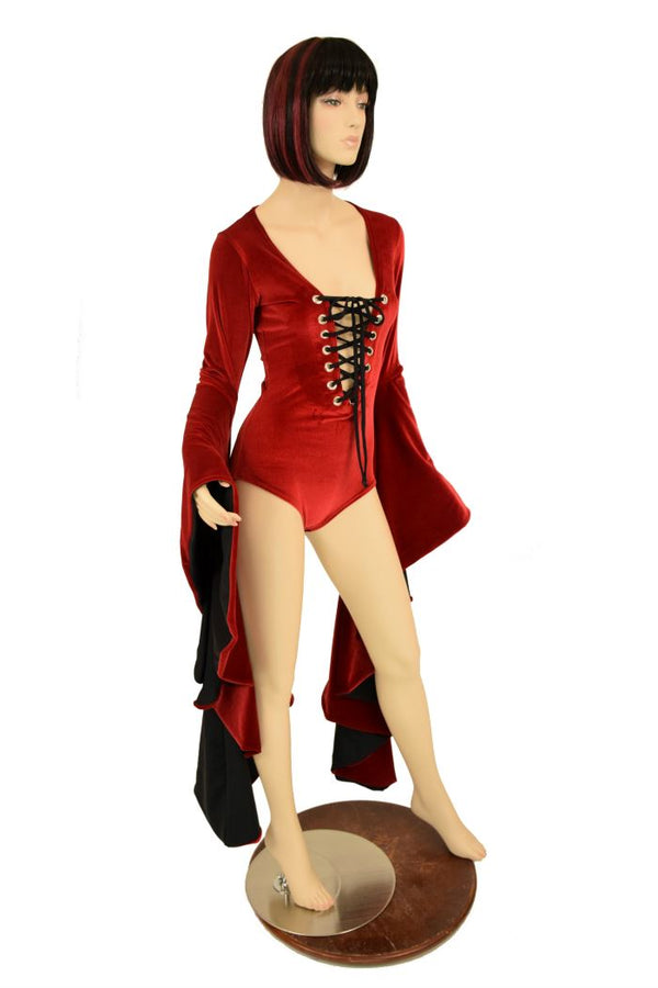 Red Velvet Sorceress Sleeve Lace Up Romper - 5