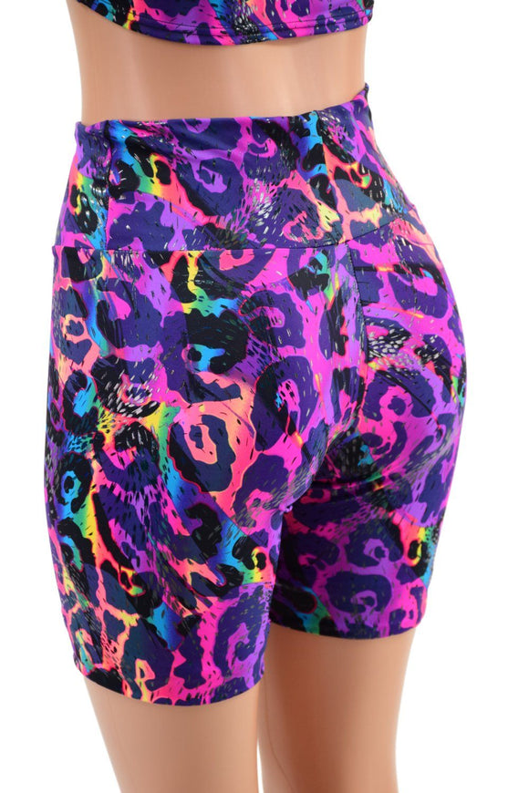 High Waist Bike Shorts in Rainbow Leopard - Coquetry Clothing