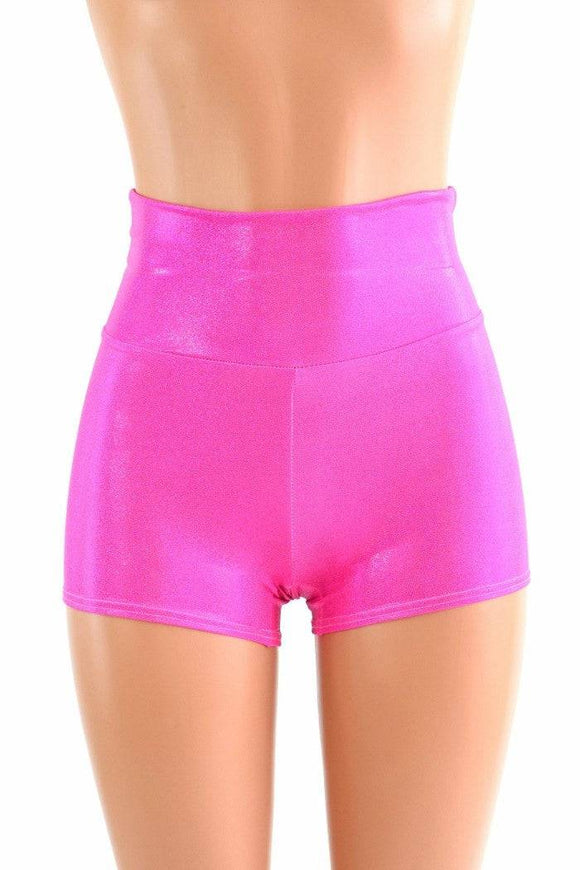 High Waist Neon Pink Holographic Shorts - Coquetry Clothing