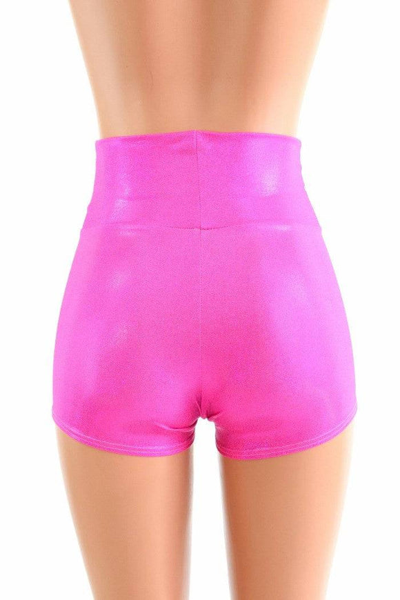 High Waist Neon Pink Holographic Shorts - Coquetry Clothing