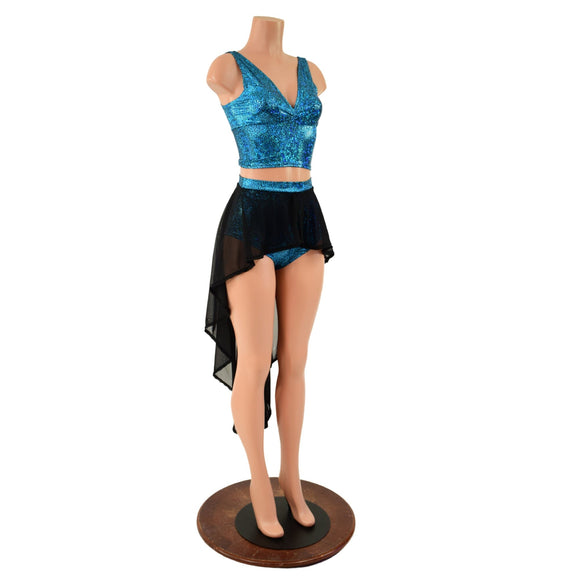 High Waist Siren Shorts with Hi Lo Mesh Overskirt and Midi Length Starlette Bralette - Coquetry Clothing