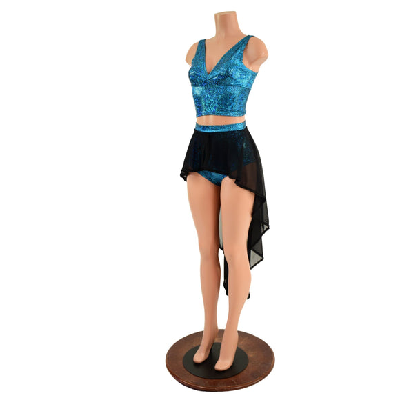 High Waist Siren Shorts with Hi Lo Mesh Overskirt and Midi Length Starlette Bralette - Coquetry Clothing