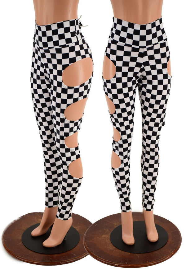 High Waist Quad Cutout Leggings in Black & White Checkered - 1