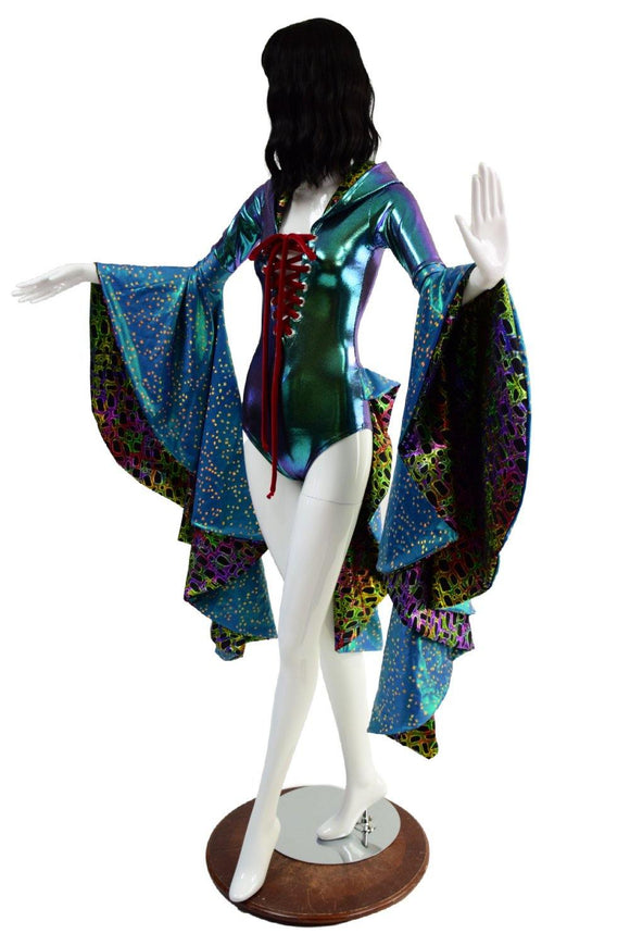 Hooded Laceup Sorceress Sleeve Romper with Tuxedo Back - Coquetry Clothing