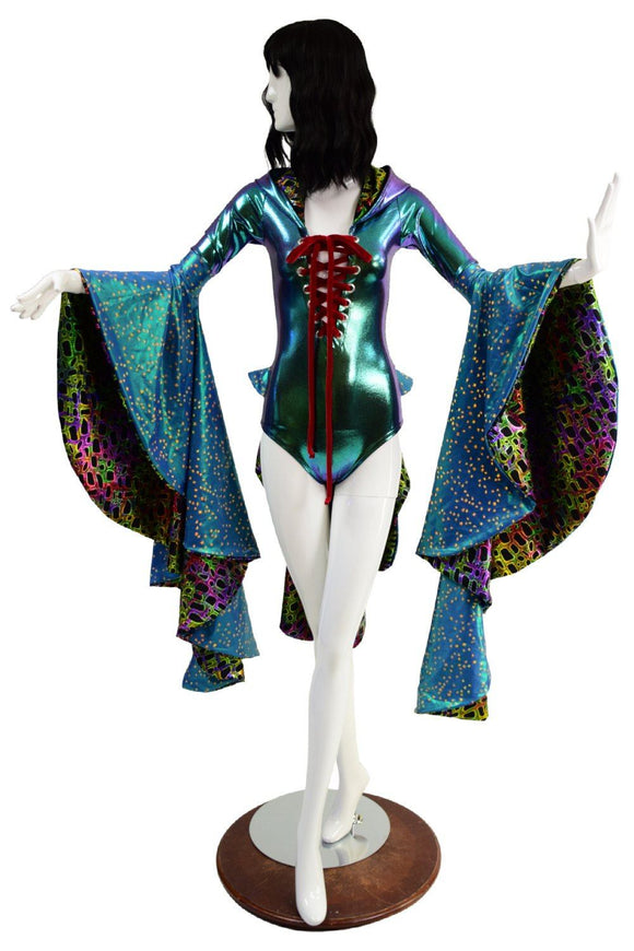 Hooded Laceup Sorceress Sleeve Romper with Tuxedo Back - Coquetry Clothing