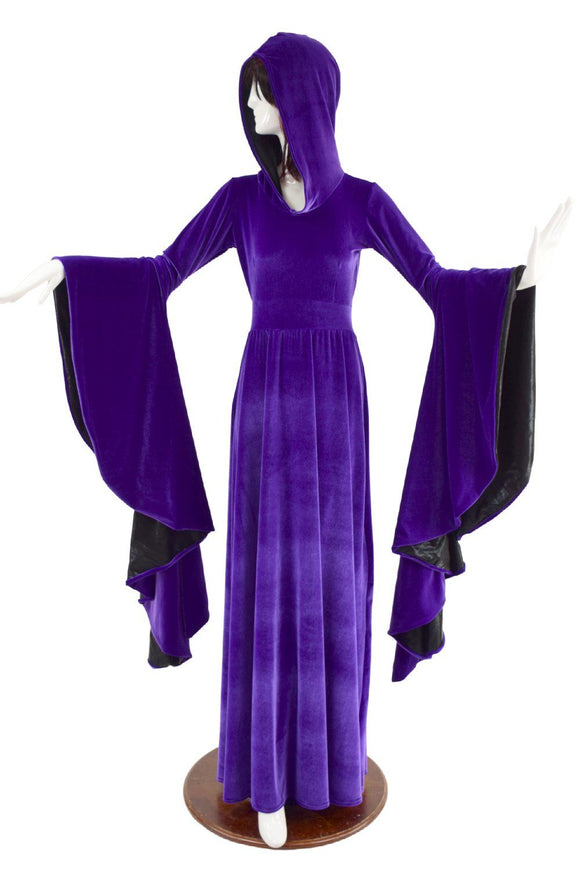 Hooded Purple Velvet Sorceress Sleeve Gown - Coquetry Clothing