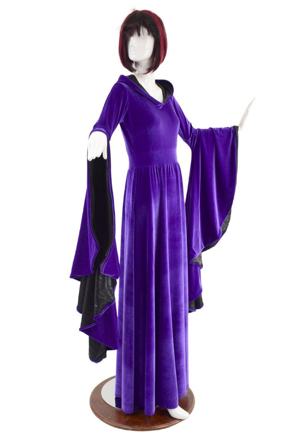 Hooded Purple Velvet Sorceress Sleeve Gown - Coquetry Clothing