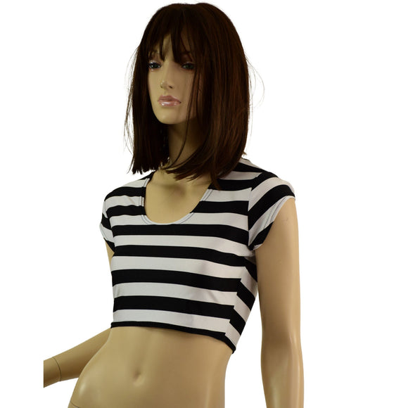 Horizontal Black and White Stripe Cap Sleeve Crop Top - Coquetry Clothing
