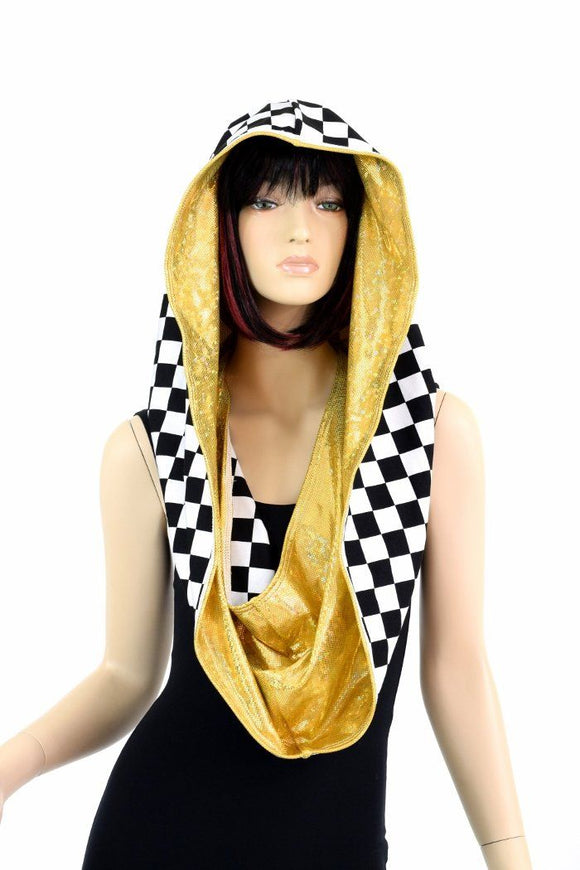HUGE Black & White Checkered & Gold Kaleidoscope Festival Hood - Coquetry Clothing