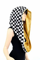 HUGE Black & White Checkered & Gold Kaleidoscope Festival Hood - Coquetry Clothing