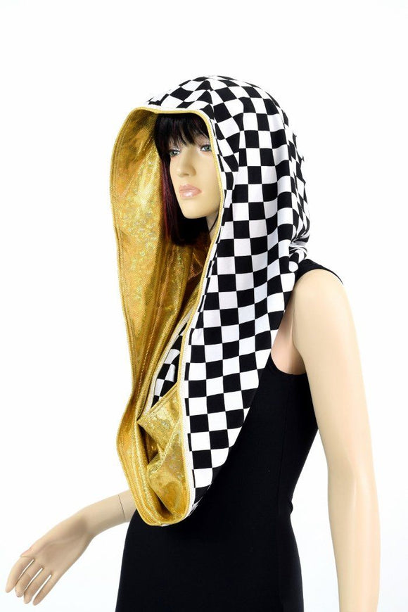 HUGE Black & White Checkered & Gold Kaleidoscope Festival Hood - Coquetry Clothing