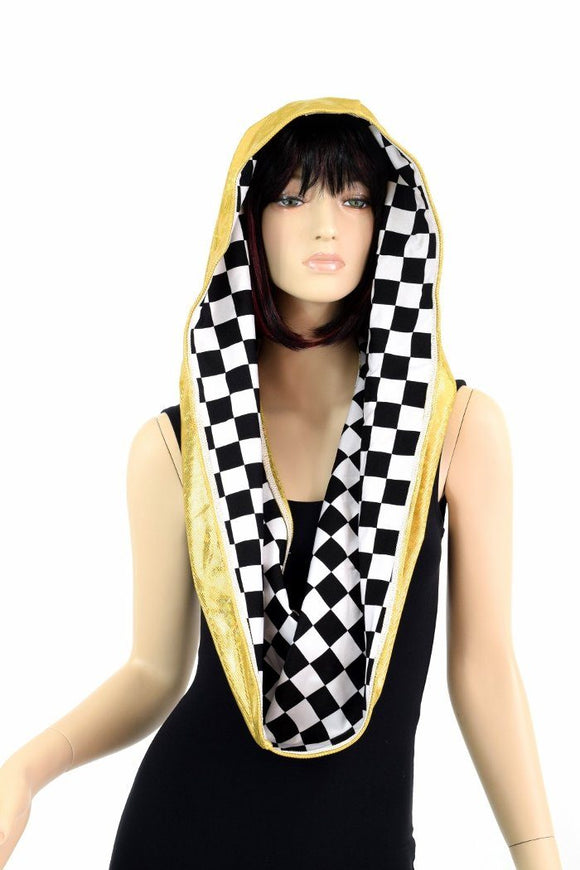 HUGE Black & White Checkered & Gold Kaleidoscope Festival Hood - Coquetry Clothing