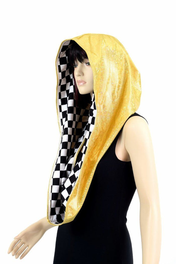 HUGE Black & White Checkered & Gold Kaleidoscope Festival Hood - Coquetry Clothing