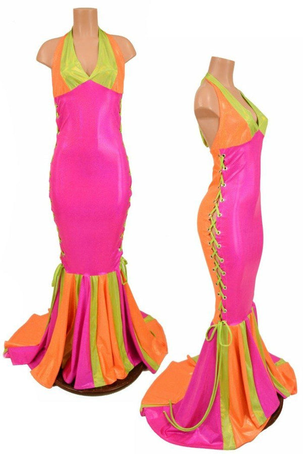 Neon Lace Up Halter Gown - 1